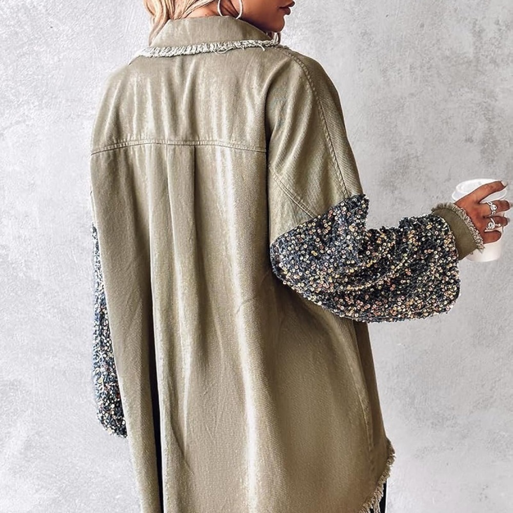 Womens Sequin Patchwork Long Sleeve Oversized Denim Shacket - Picture 3 of 9